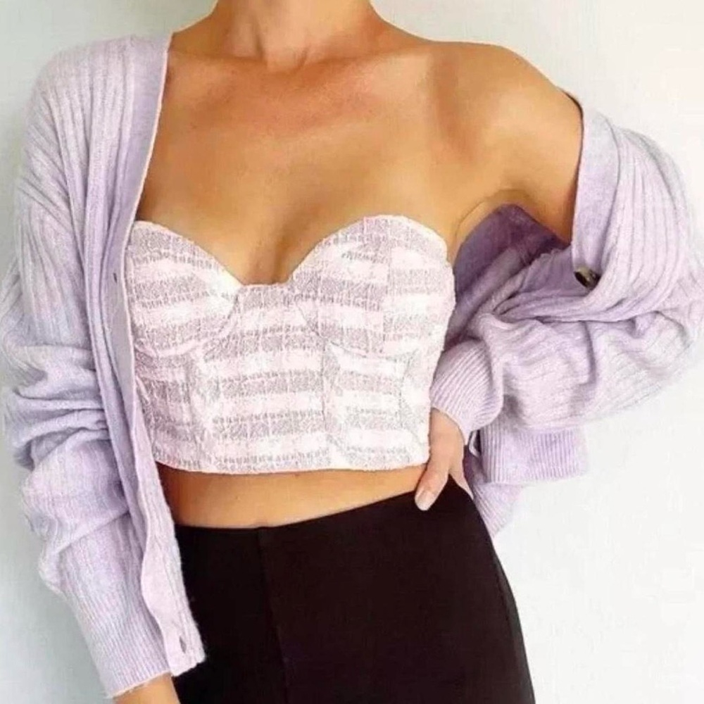Zara Purple and White Tweed Women's Strapless Bustier Top
